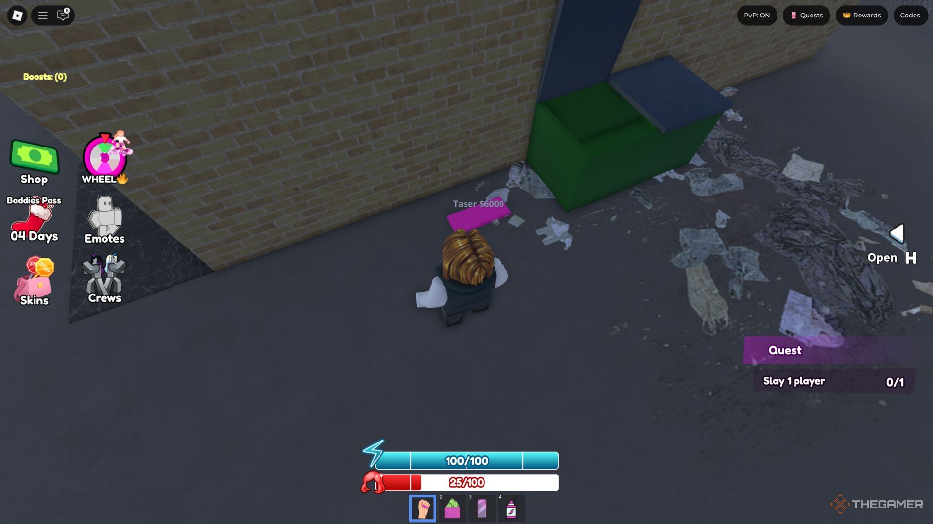 The player character stays next to the taser near the trash can in Baddies.