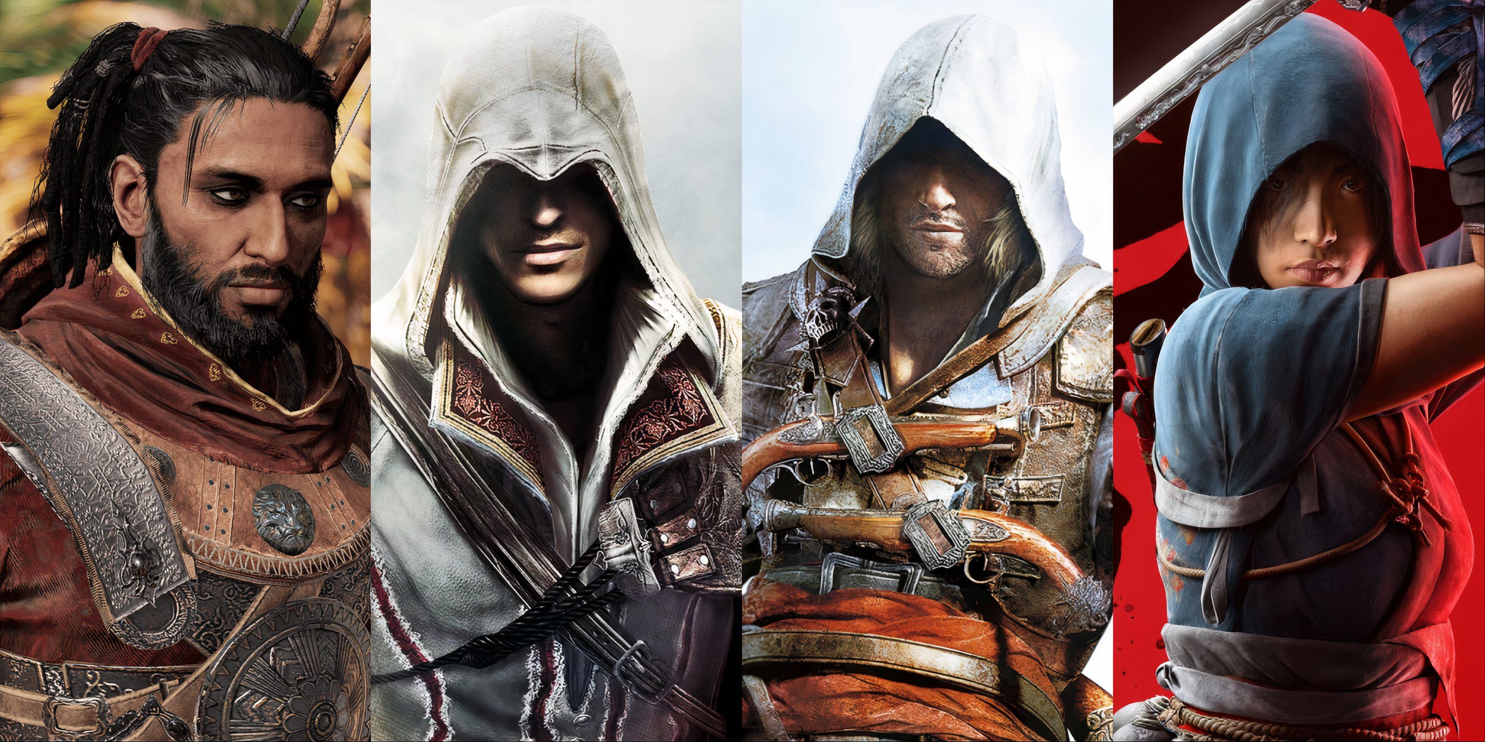 Split image of main protagonists from Assassin's Creed games