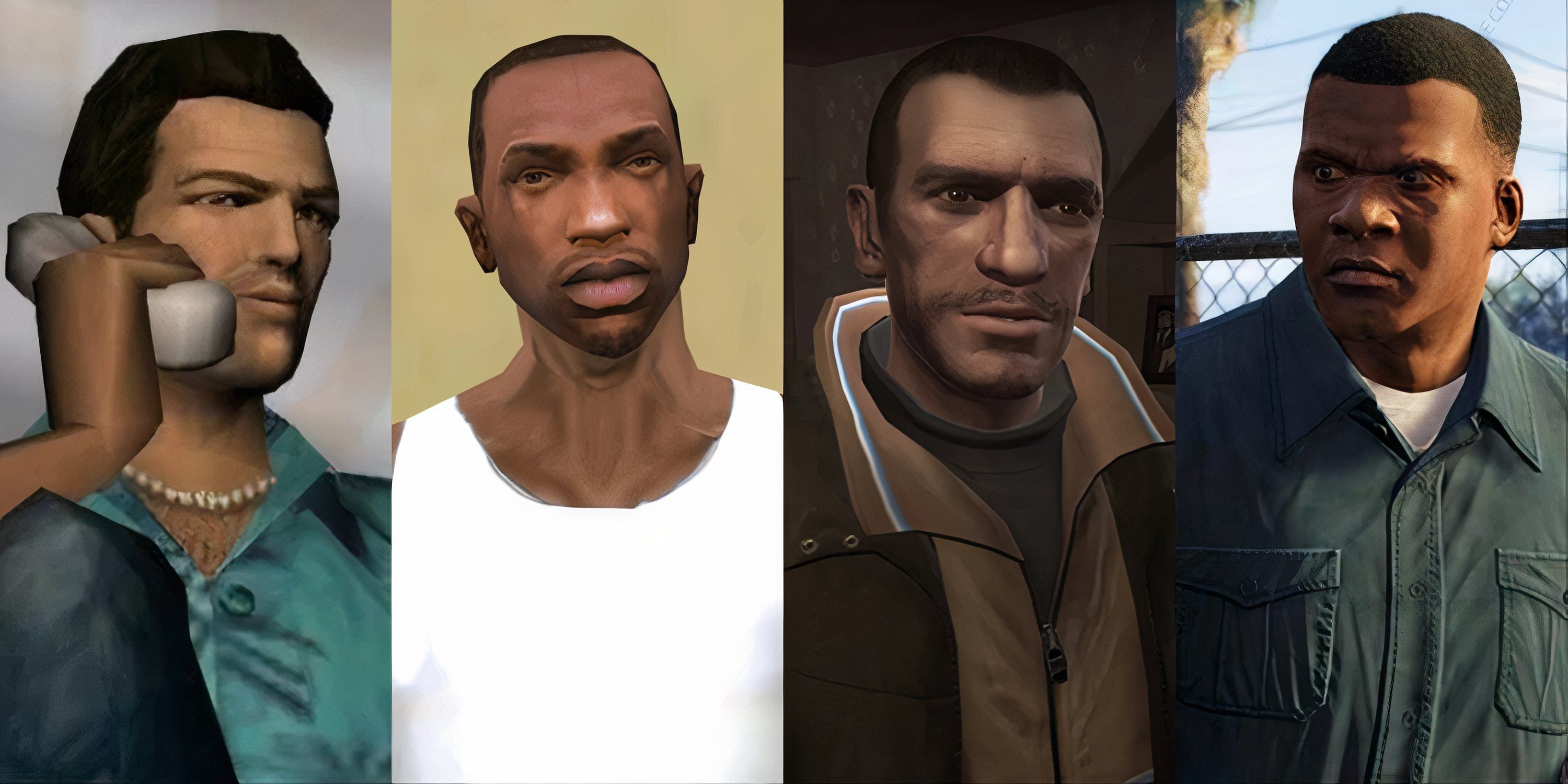 Split image of main protagonists from Grand Theft Auto games