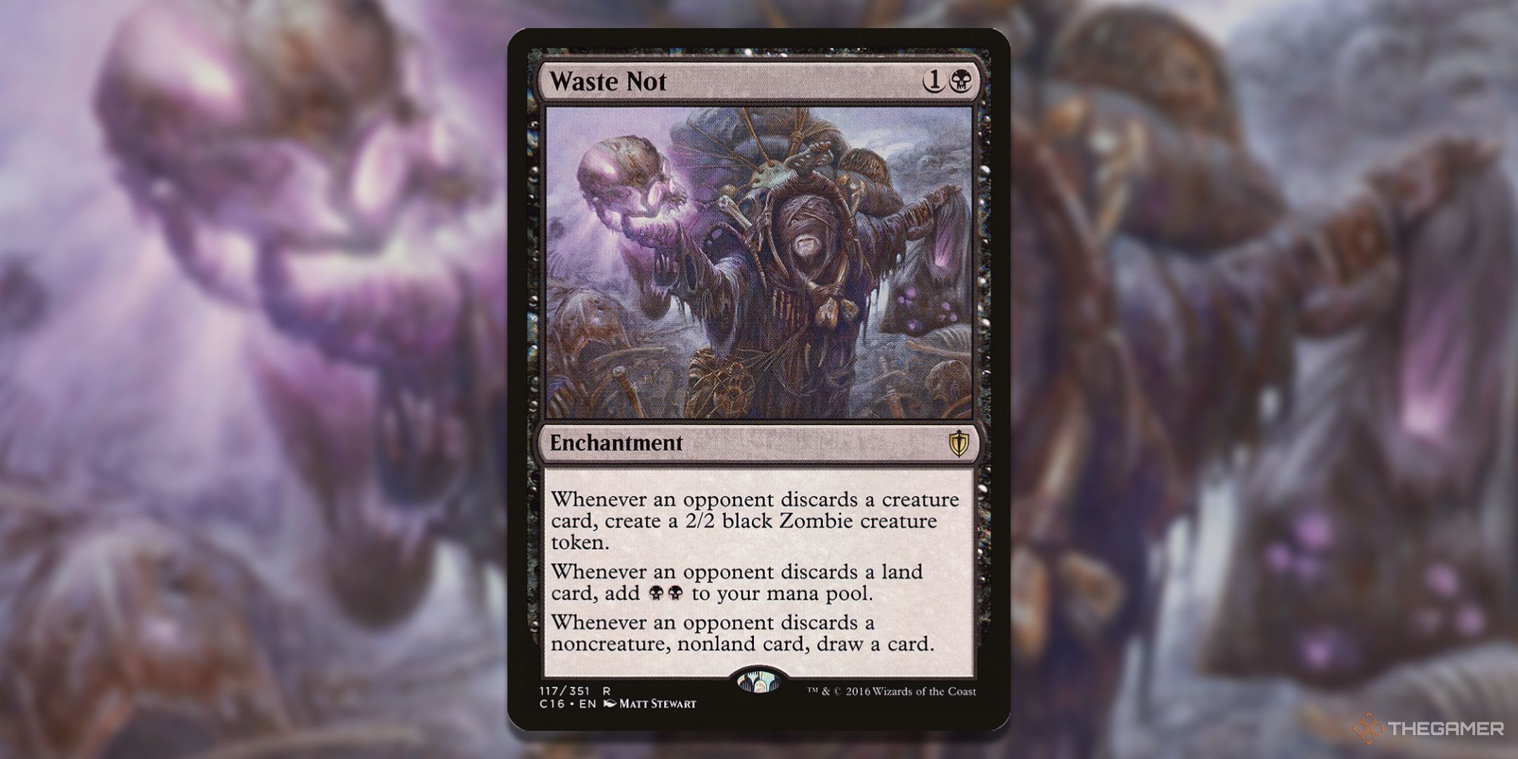 MTG Waste Not card with the art in the background.