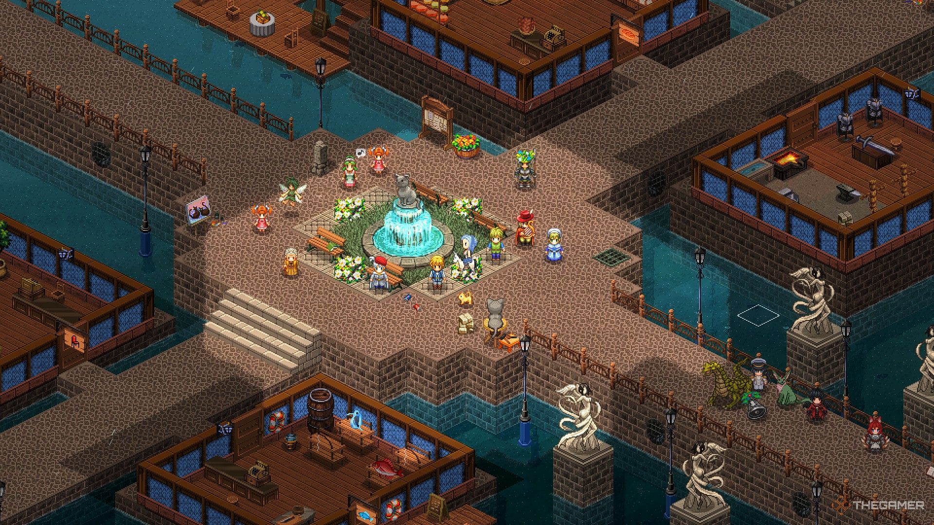 A player in Elin makes a wish while drinking from a public water fountain. Several cat statues adorn the public square. 