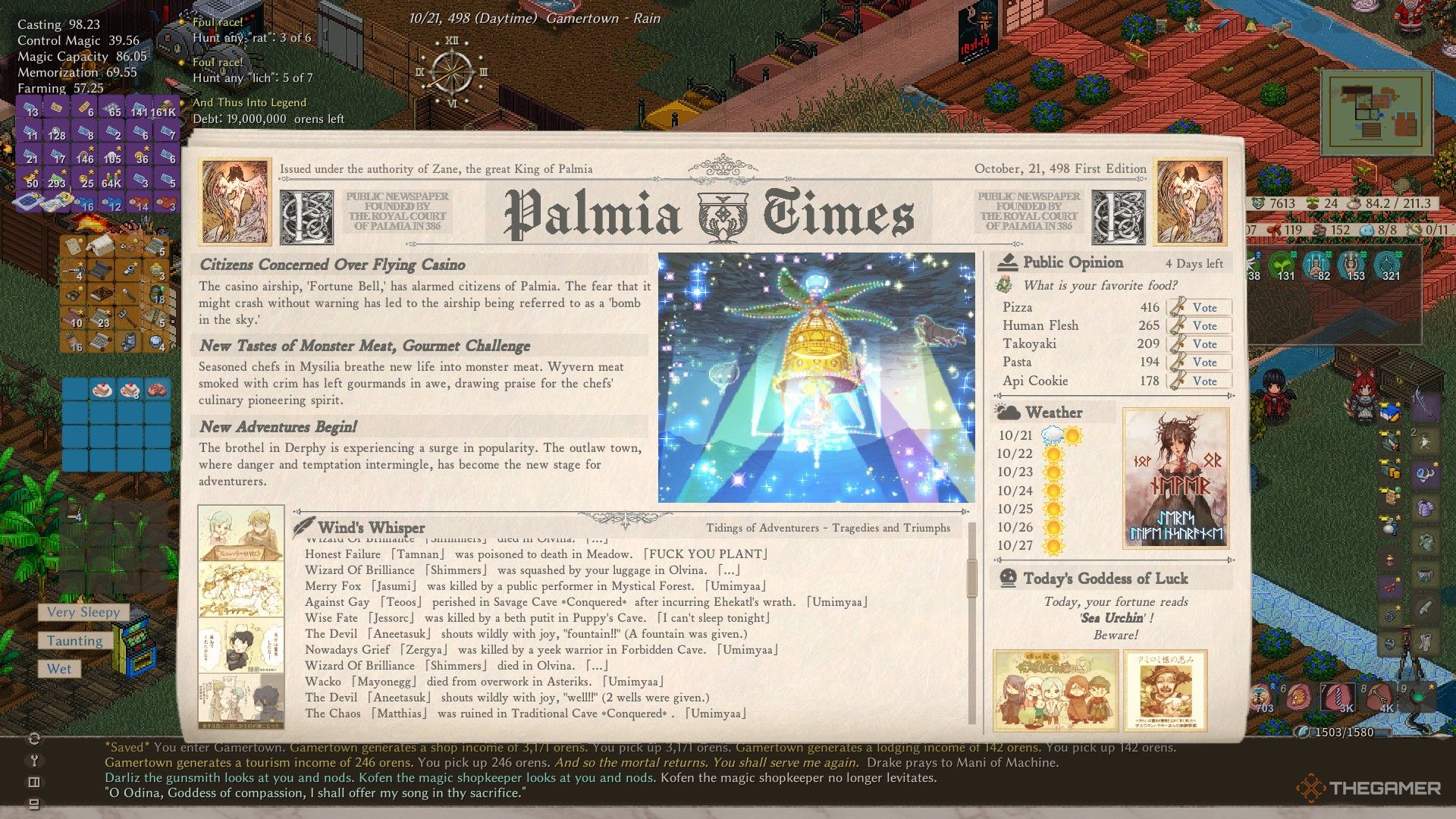 A player in Elin reads the Palmia Times, listing the deaths and wishes of various online adventurers. 