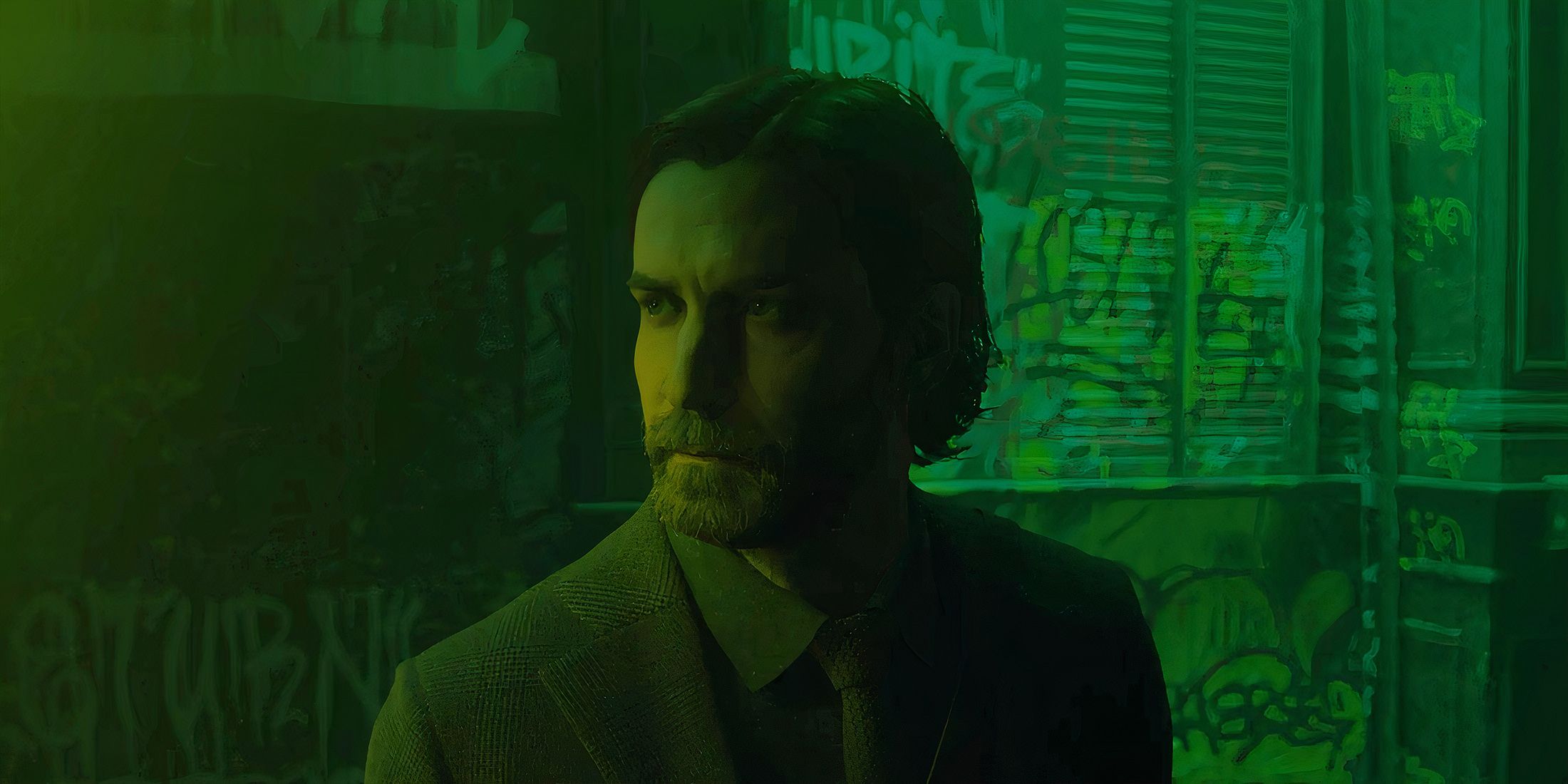 Alan Wake 2 closeup in green filter