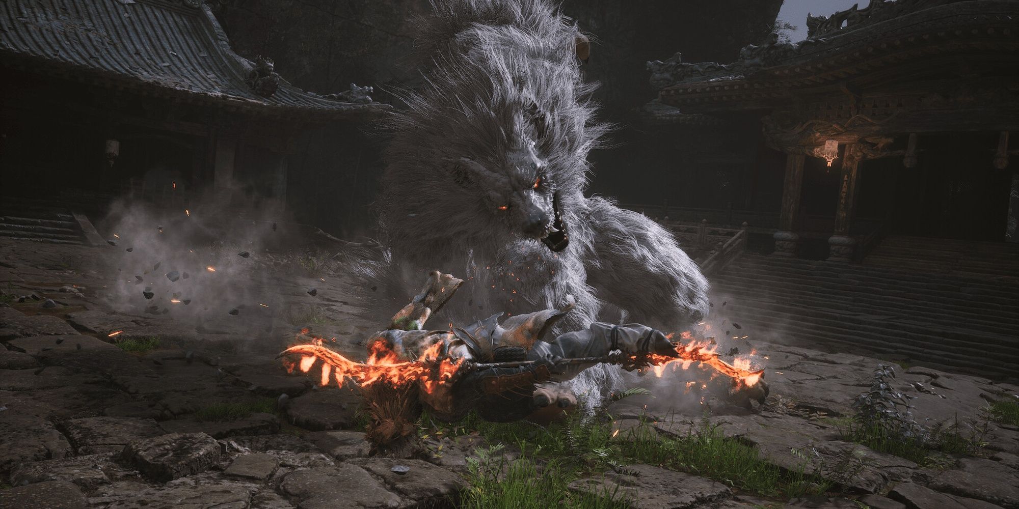 Black Myth: Wukong - The boss fight against a giant wolf monster.