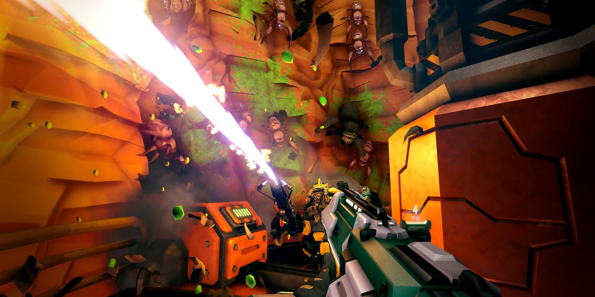 Deep Rock Galactic: Two dwarves using flamethrowers and machine guns to fend off bugs.