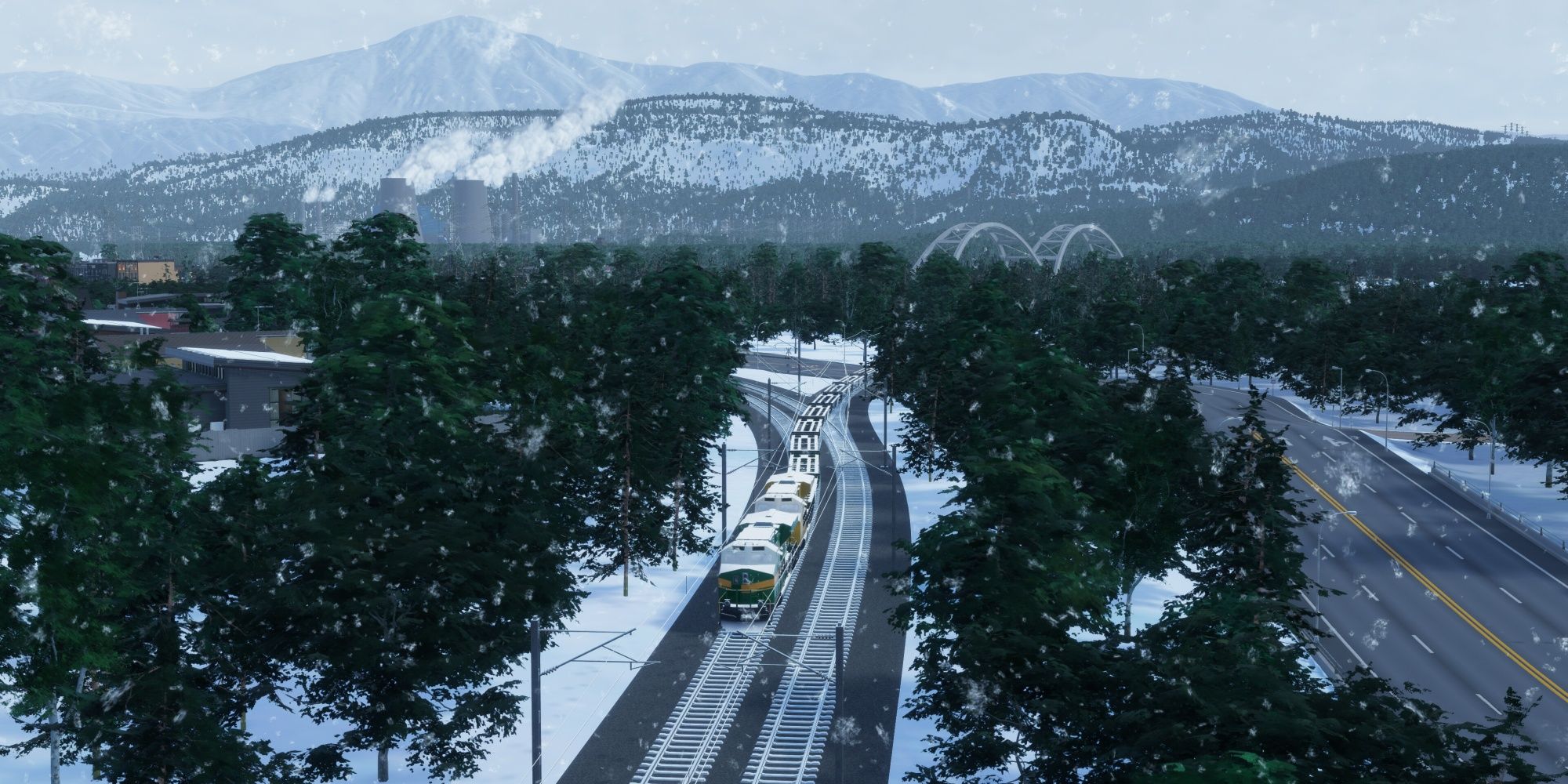 Cities Skyline 2: An Electric Train Driving Through A Snow Filled Forest