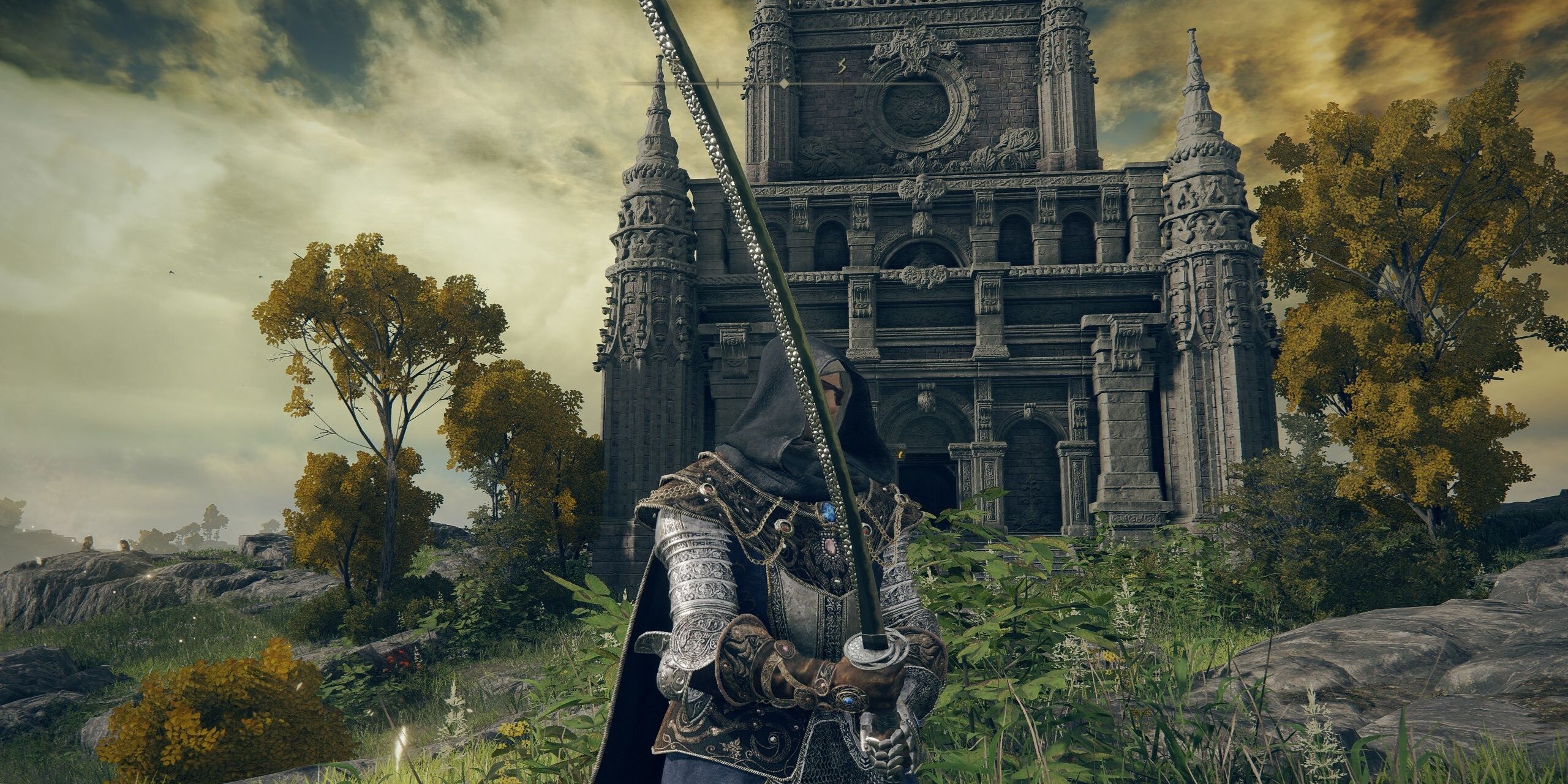 A player holding the katana Moonveil in front of a tower in Elden Ring