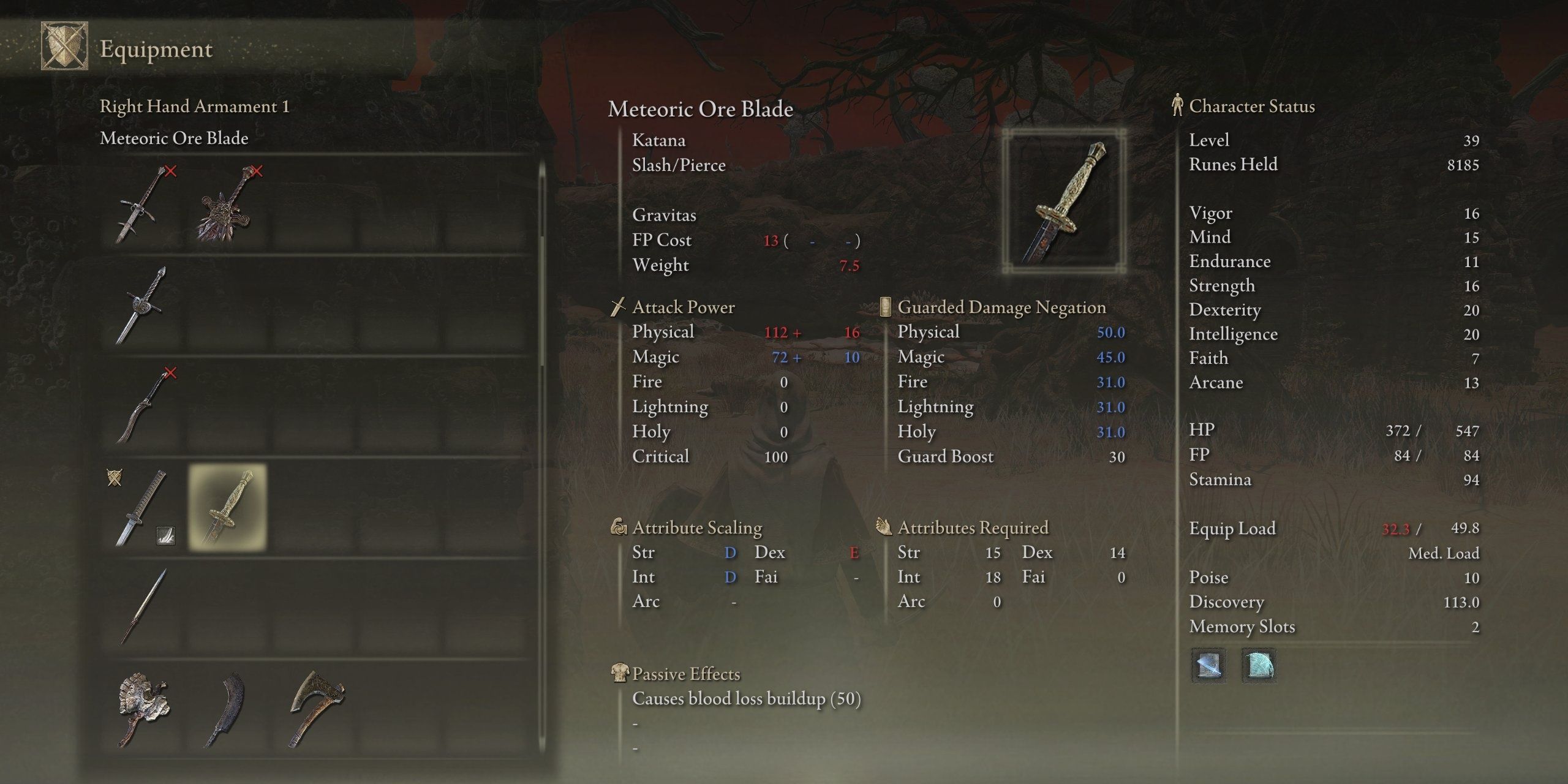 Inventory menu in Elden Ring showing the stats of the Meteoric Ore Blade 