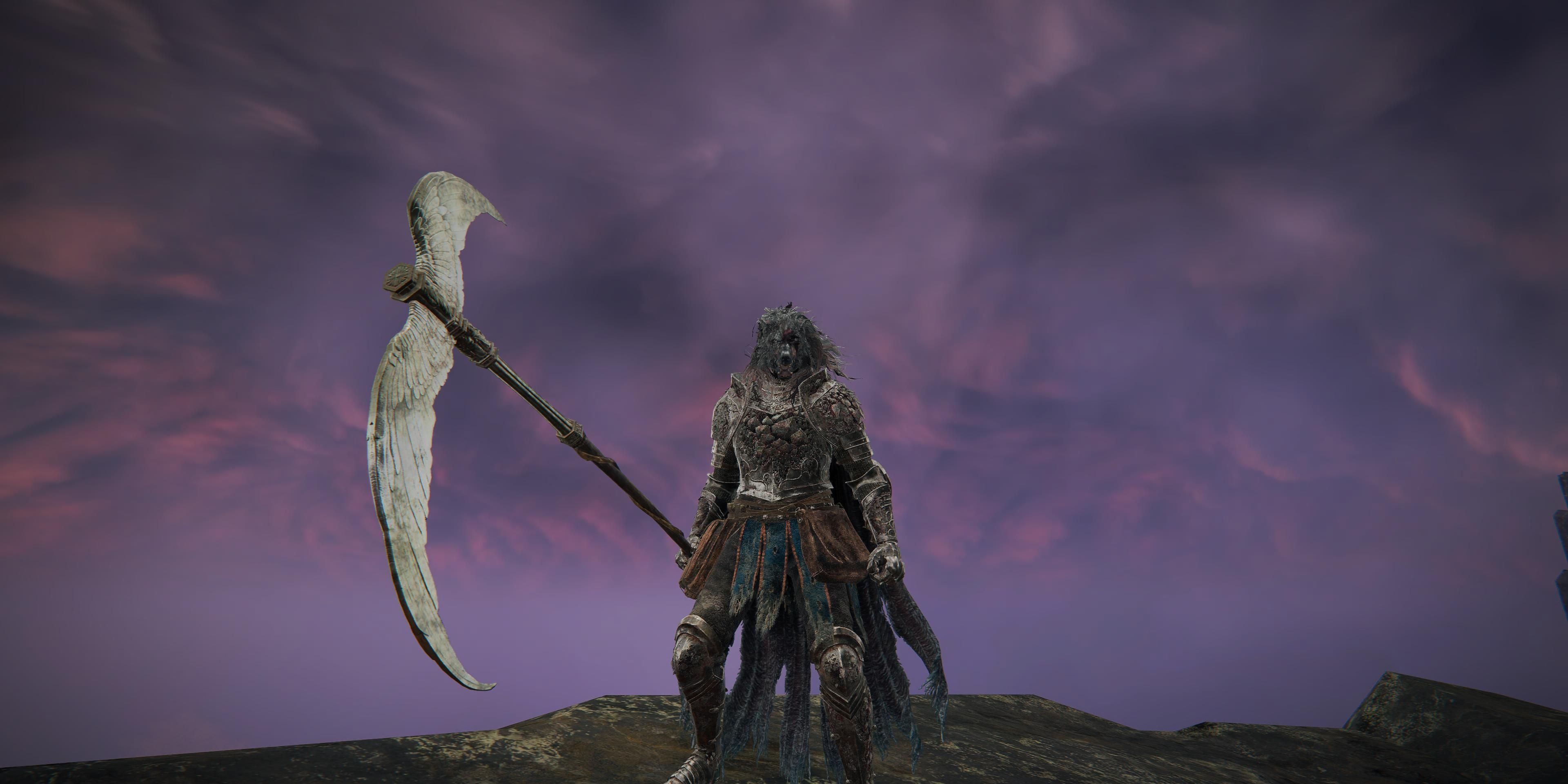 A player standing in front of a purple sky holding the Winged Scythe in one hand in Elden Ring