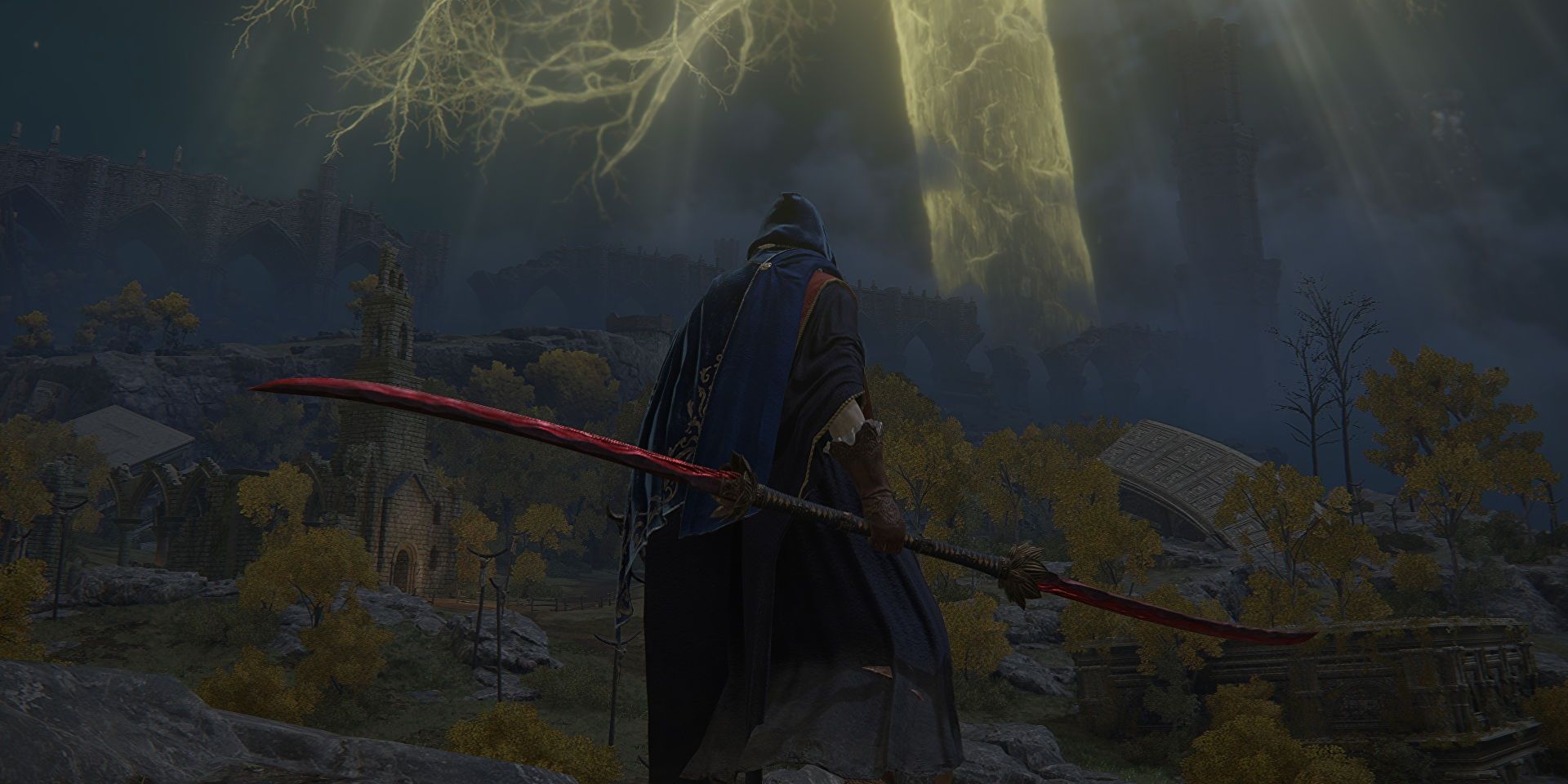 A player holding Eleonora's Poleblade looking toward the glowing tree in Elden Ring