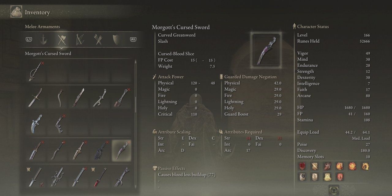 Inventory menu showing the stats for Morgott's Cursed Sword in Elden Ring