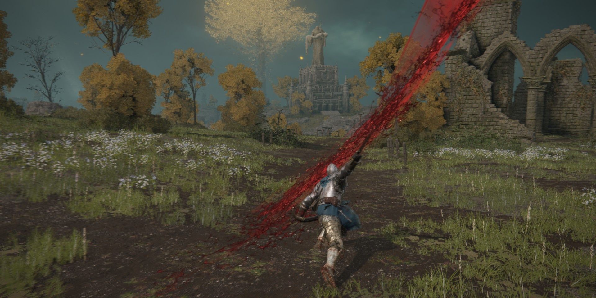 A player doing an attack with the Rivers of Blood weapon in Elden Ring