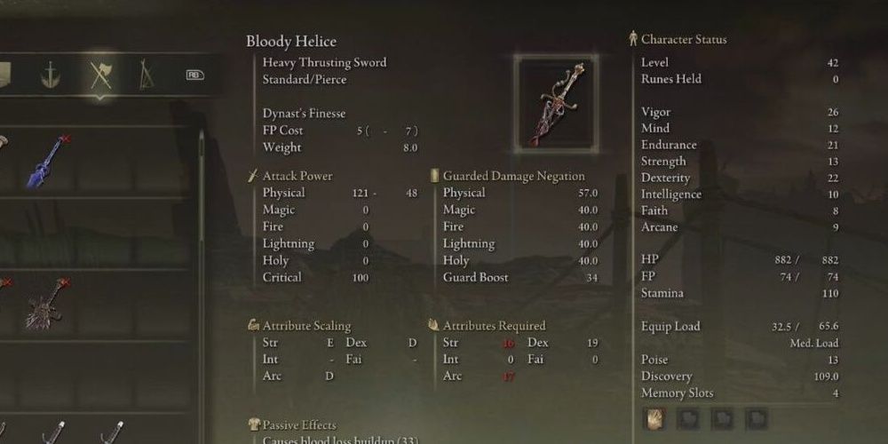 Stat screen of Bloody Helice in Elden Ring.