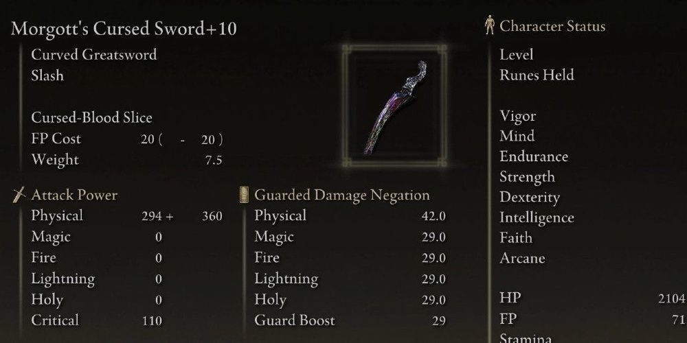 Stat screen of Morgott's Cursed Sword in Elden Ring.