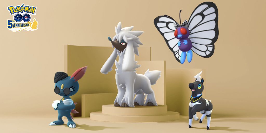 Furfrou, Sneasel, Butterfree, and Blitzle wearing fashionable costumes.