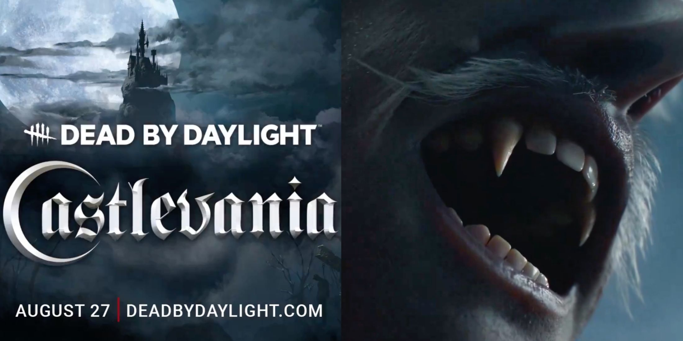 Castlevania and Dead By Daylight logos with Dracula's snarling fangs