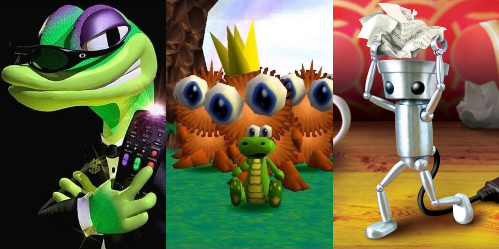 Gex holds a remote, Croc sites down, and Chibi Robo holds a piece of paper