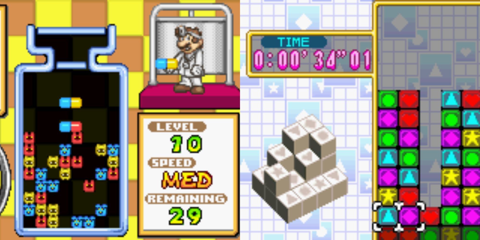 Screenshot of Dr. Mario gameplay and a sreenshot of Puzzle League (Panel de Pon) gameplay.