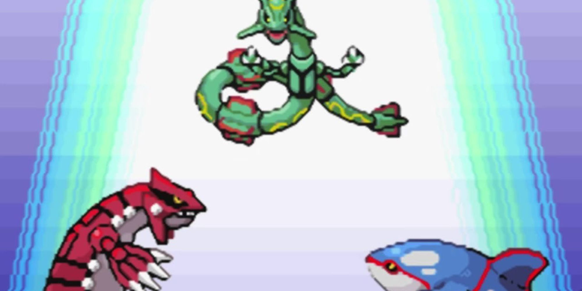 Rayquaza stopping Groundon and Kyogre in the game's climax.