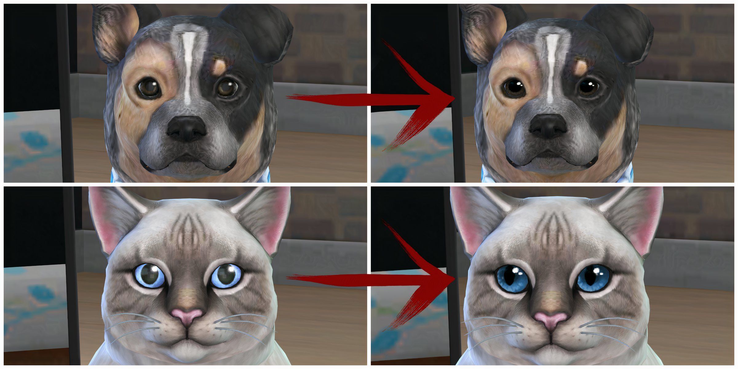 A dog and a cat with the base game eyes and the new Atmospheric Default Eyes from the mod