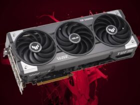 Asus Radeon RX 9070 XT TUF graphics card with red liquid in backdrop