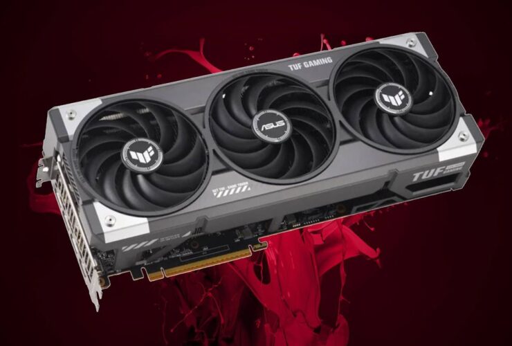 Asus Radeon RX 9070 XT TUF graphics card with red liquid in backdrop