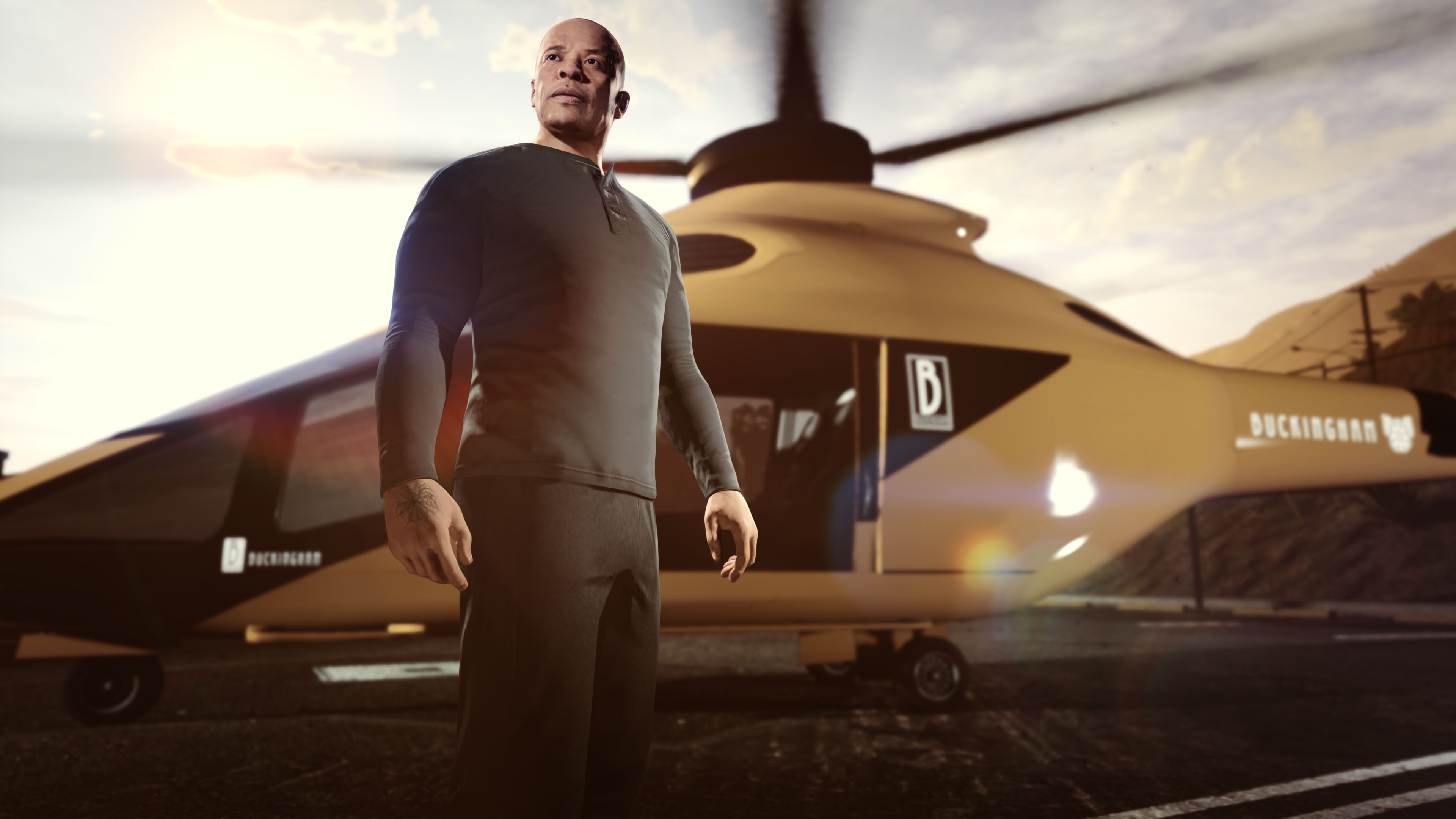 A man standing in front of a helicopter in GTA Online