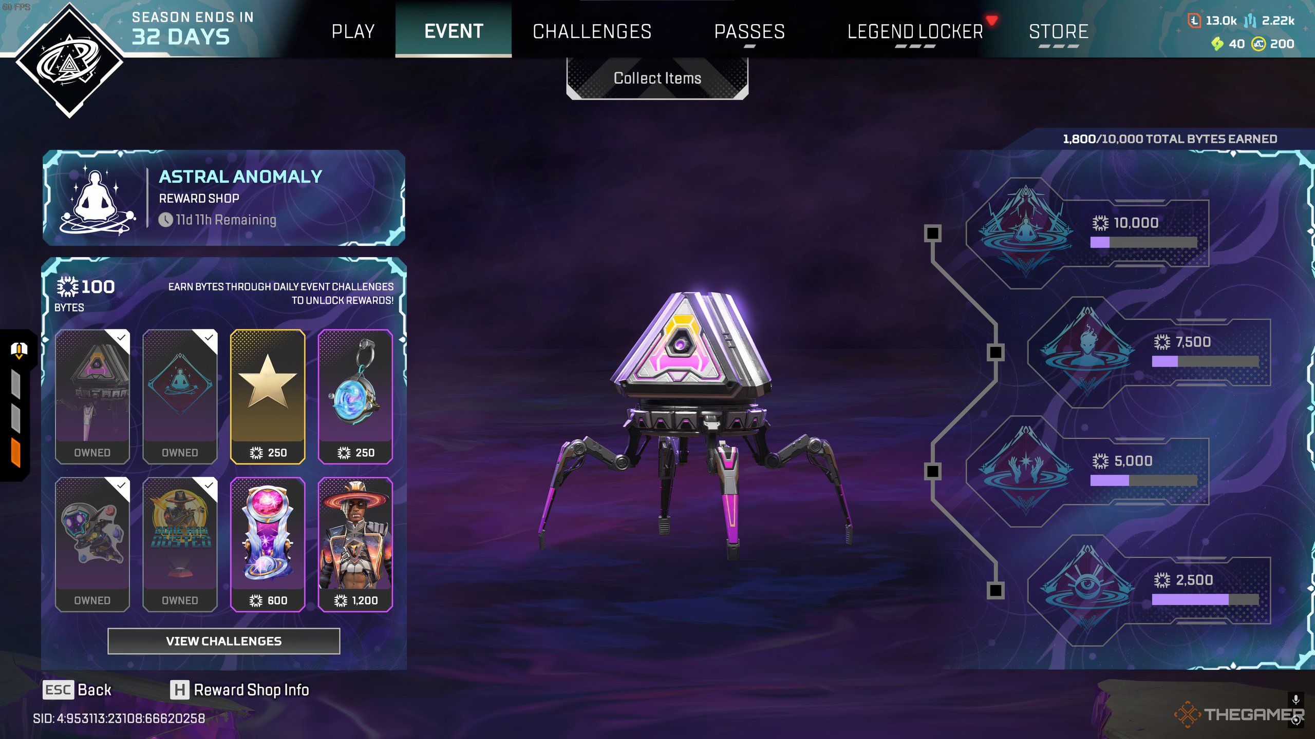 The Astral Anomaly Event free Reward Shop menu in Apex Legends.