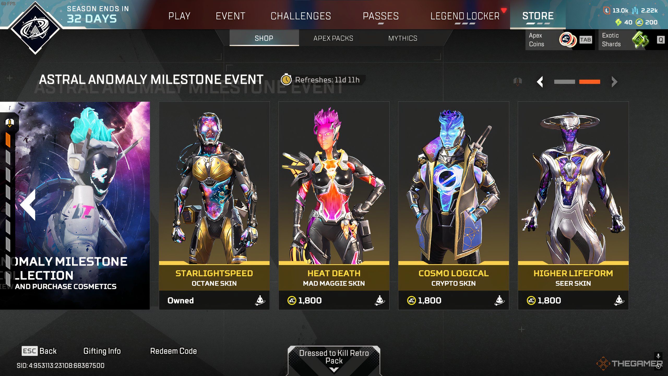 The Astral Anomaly Event skins in the Store in Apex Legends.