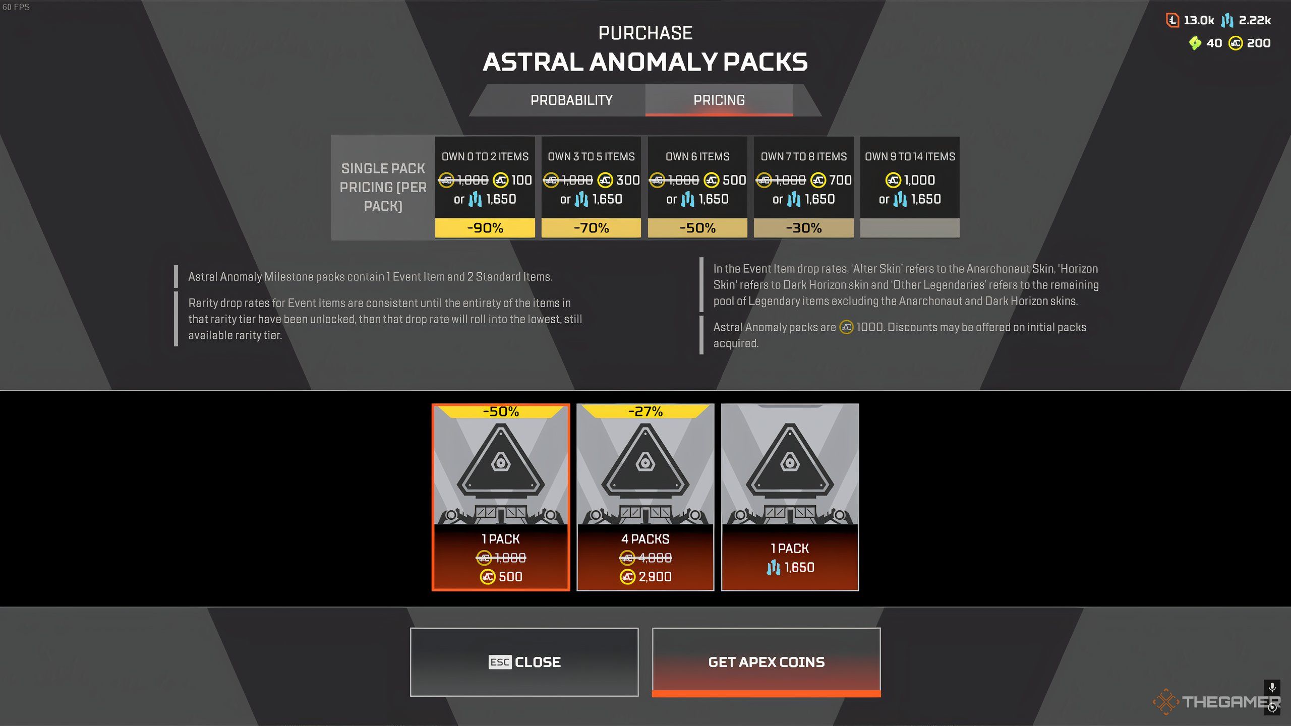 The Purchase Astral Anomaly Packs menu during the Event of the same name, in Apex Legends.