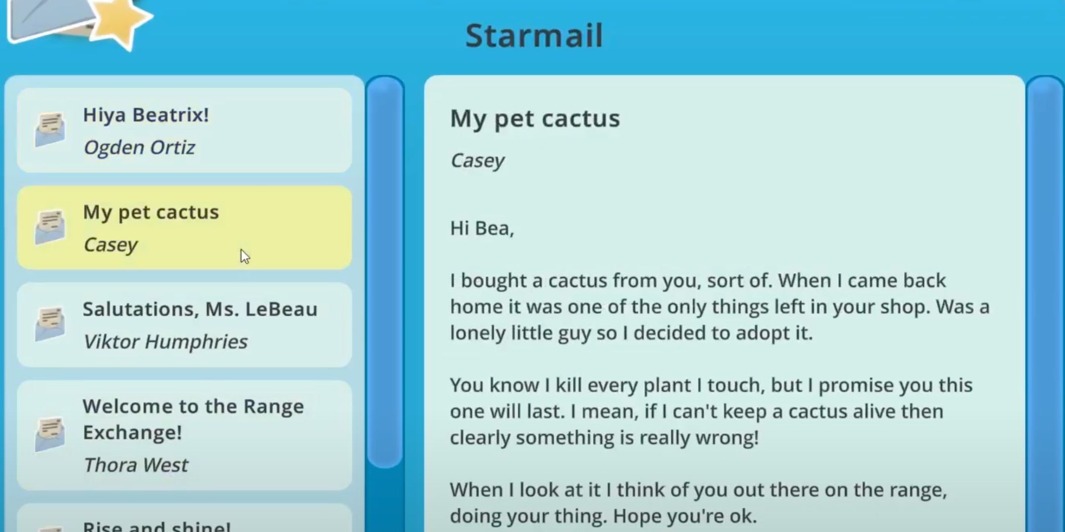 Casey's cactus email in Slime Rancher.