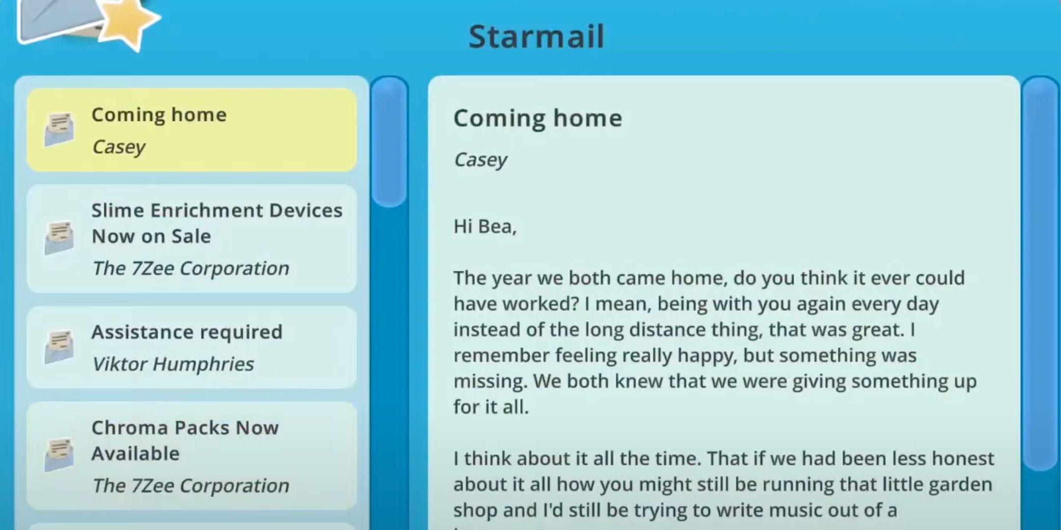 Casey's Coming home email in Slime Rancher.