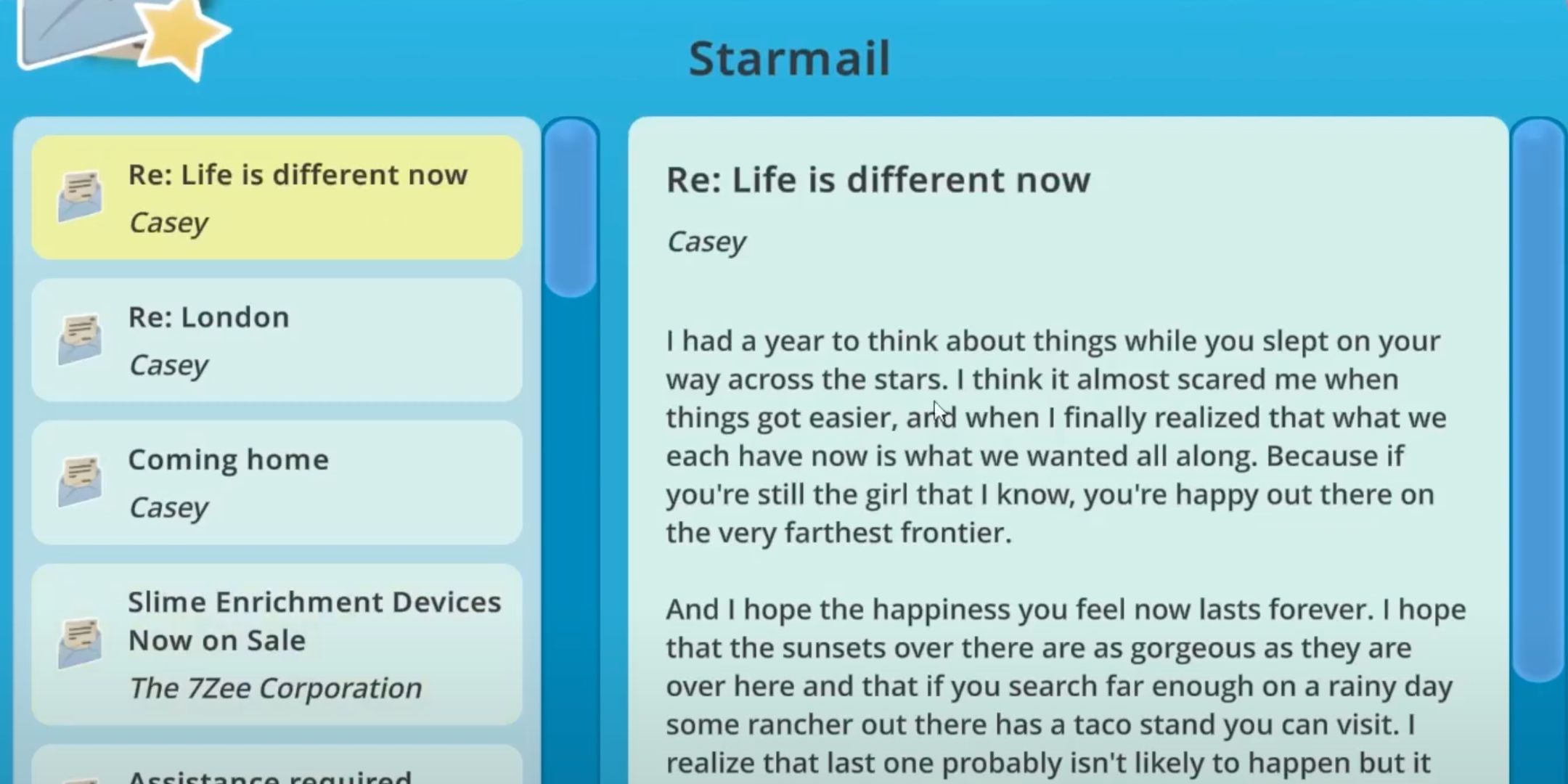 Casey's second last email in Slime Rancher.