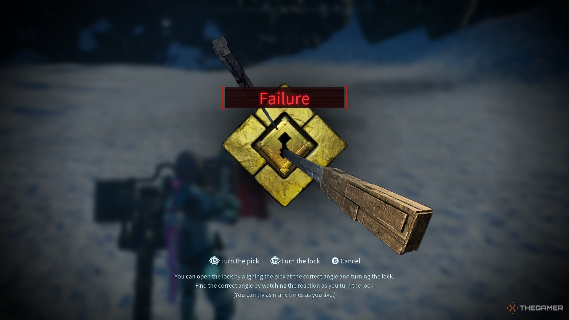 The image shows that the player has failed to unlock a chest requiring a Gold Key with lockpicking and is about to try again in Palworld.