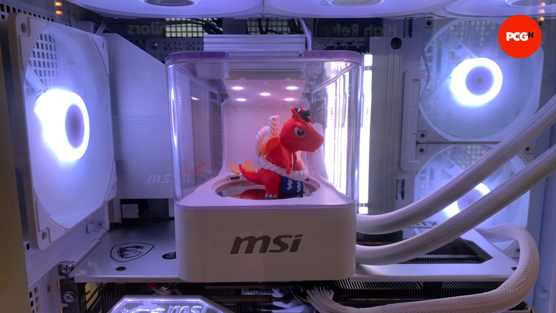 Front view of the MSI concept cooler with turntable and figurine