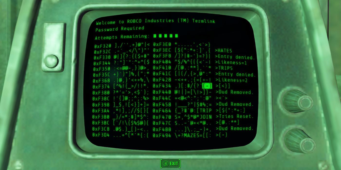 Brackets on terminal hacking screen in Fallout 4.