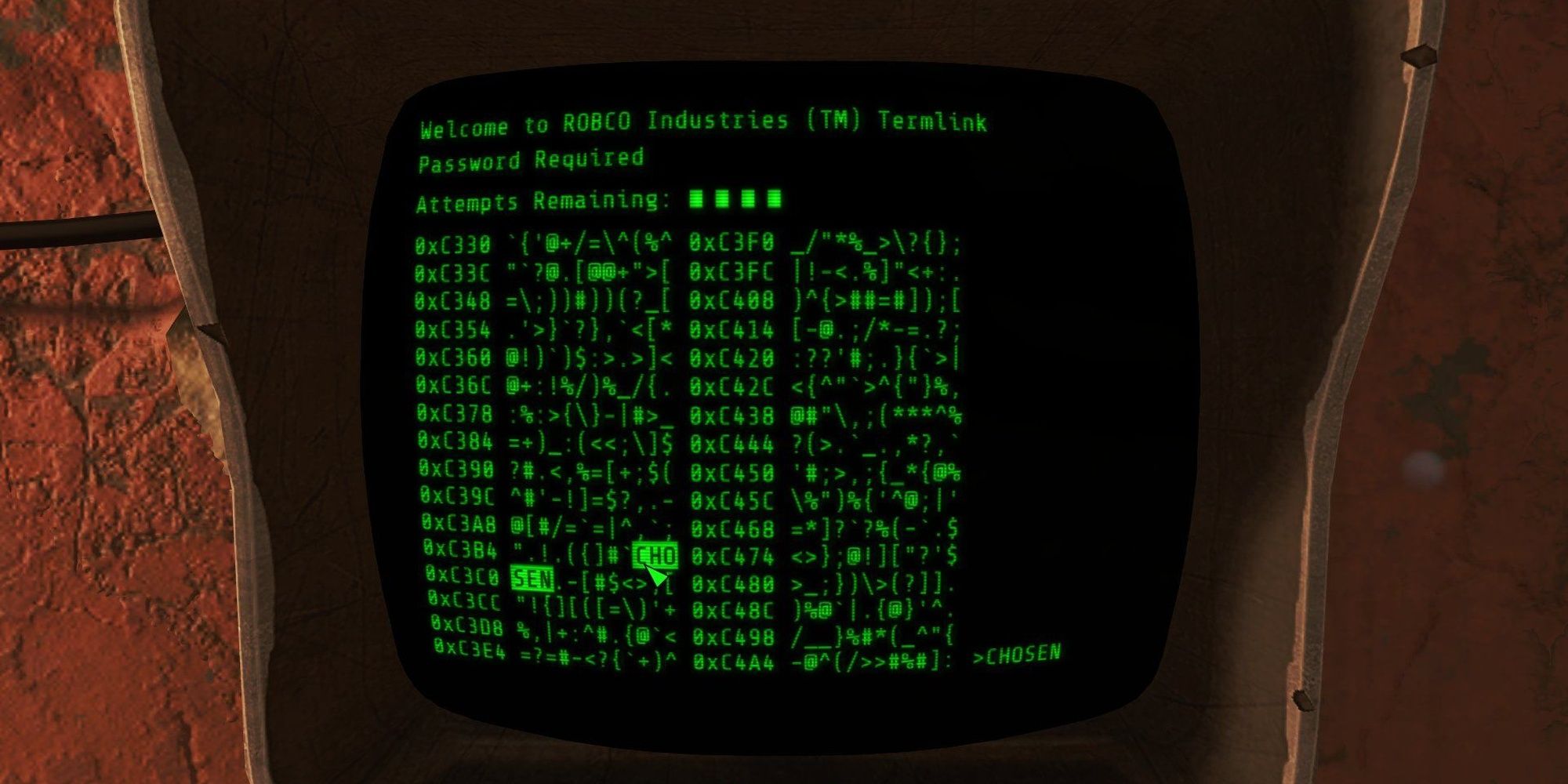 The main character hacks a terminal nestled in a brick wall in Fallout 4.