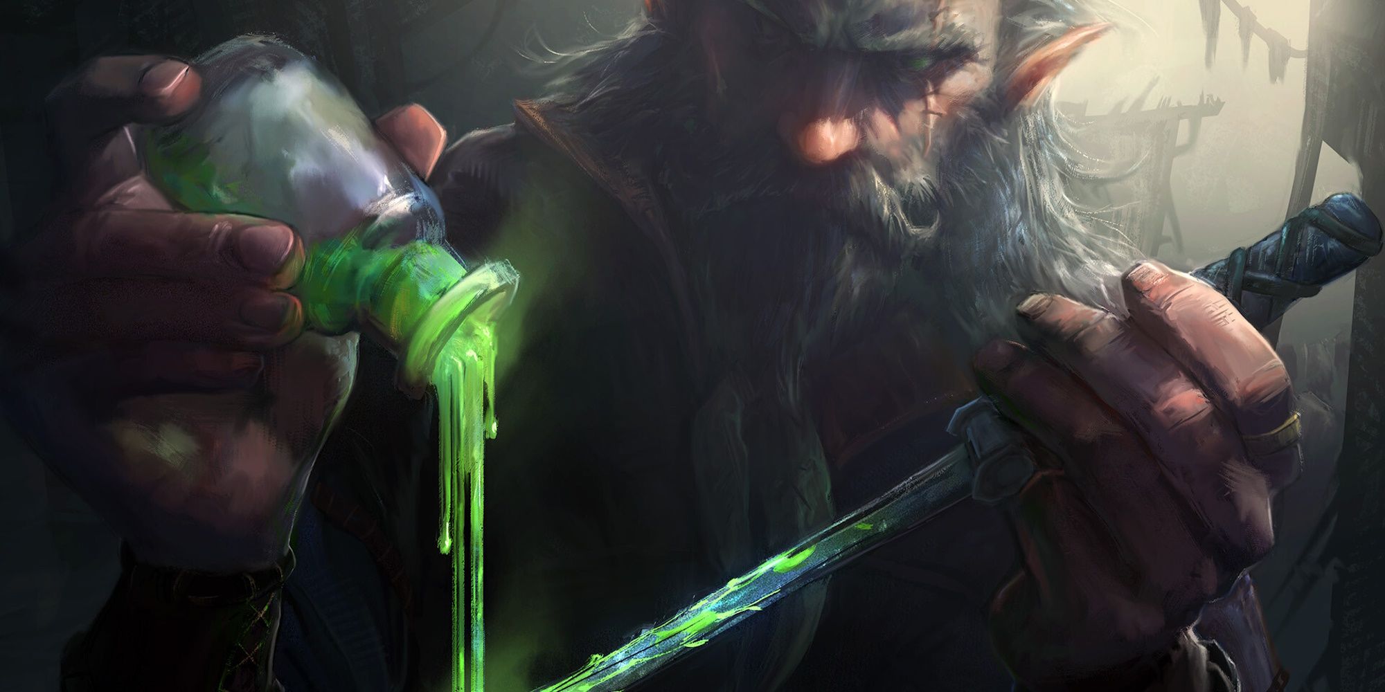 A character drips poison over the blade of their sword in Dungeons & Dragons.