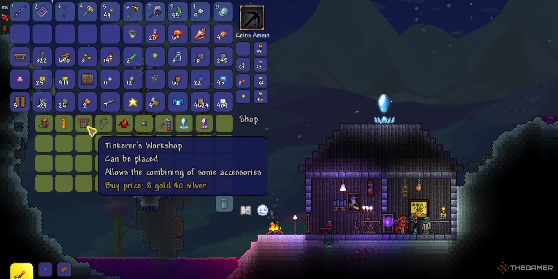 A player looking at the Tinkerer's Workhop in Terraria.