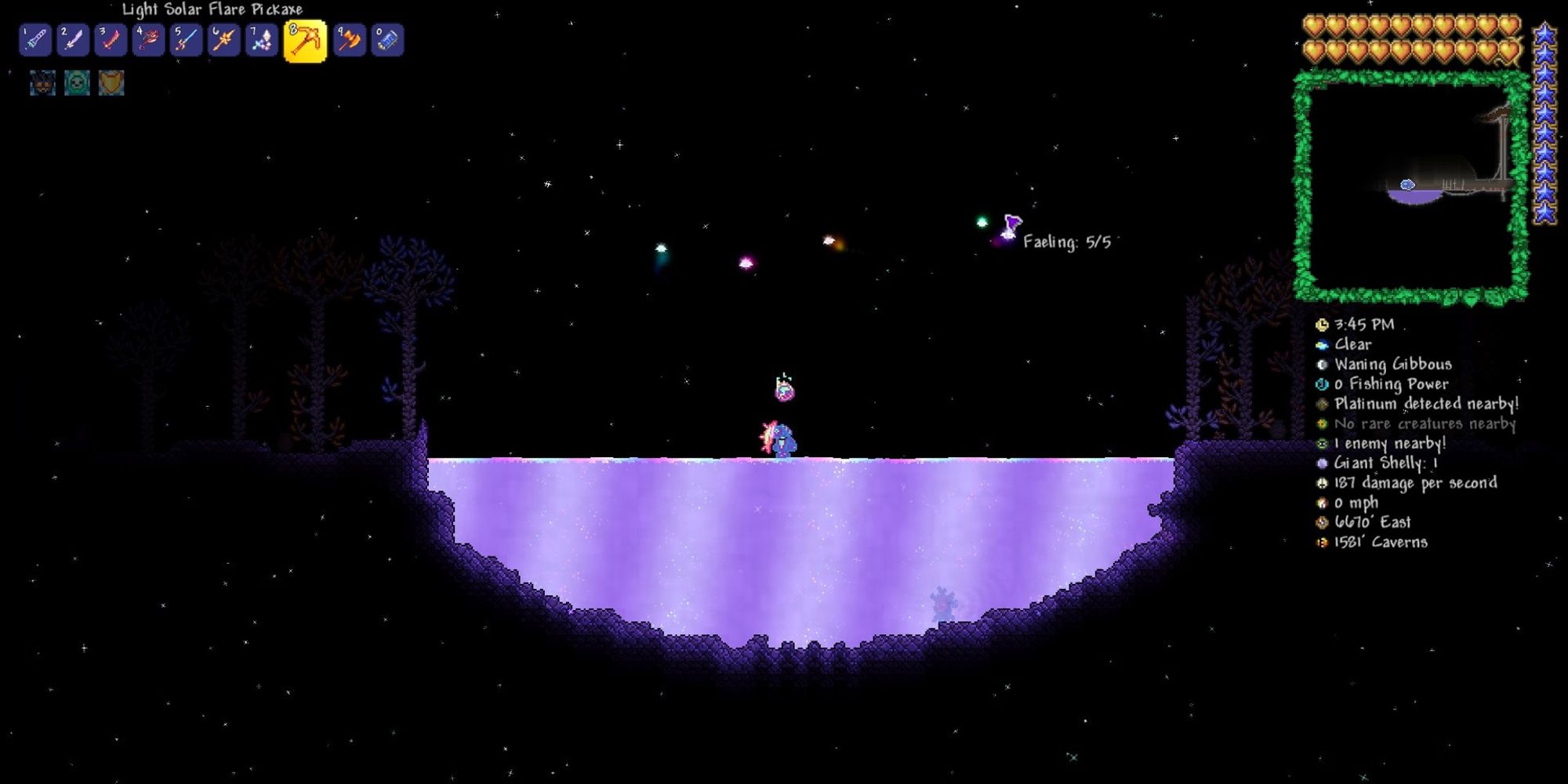 A player in Terraria standing atop Shimmer. 