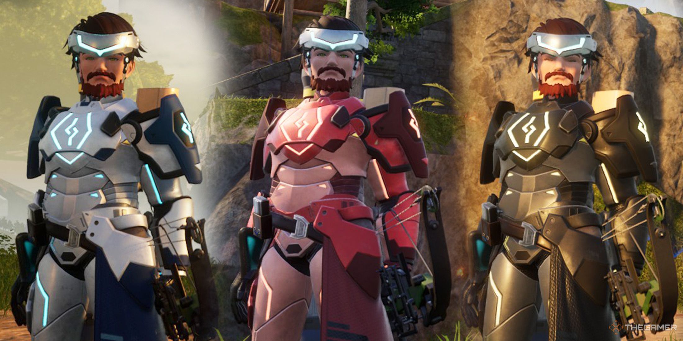  The player is posing wearing the three variations of Hexolite Armor from left to right: Standard Hexolite Armor, Heat Resistant Hexolite Armor, and Lightweight Hexolite Armor in Palworld.