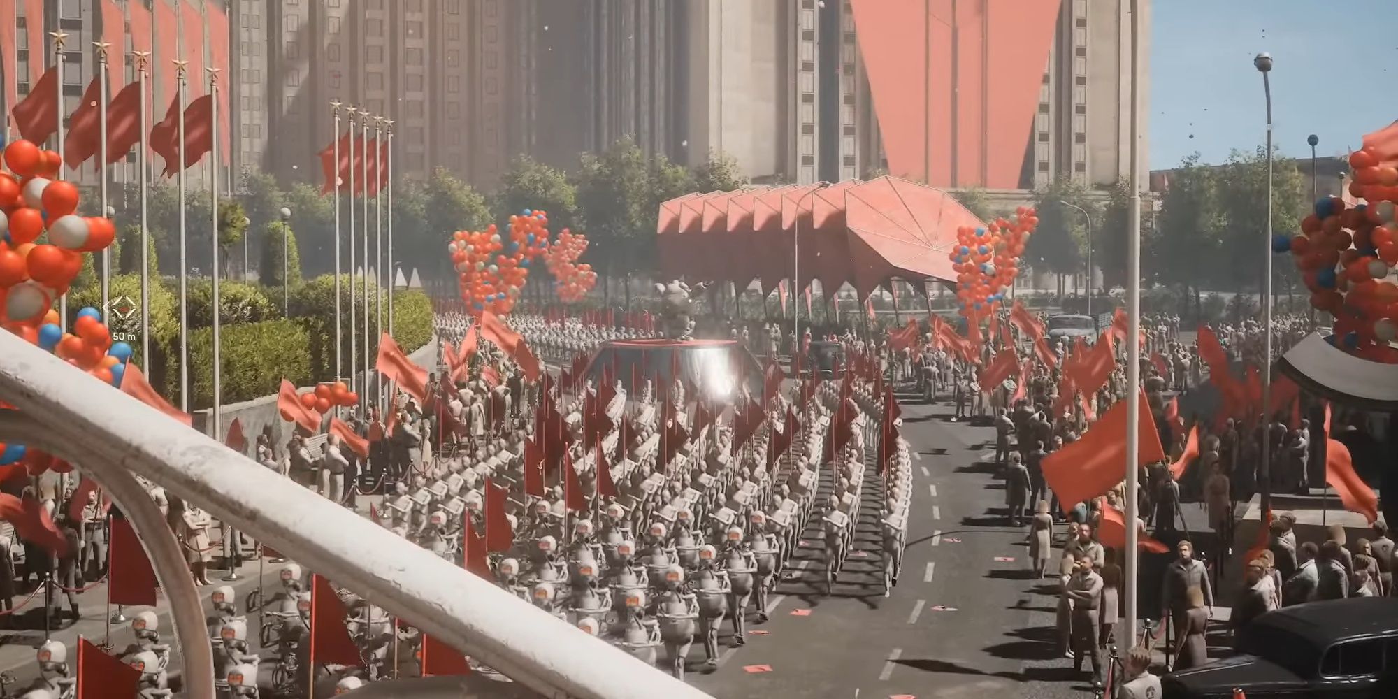 Atomic Heart: A Large Parade Of Russian Droids In Tight Formation.