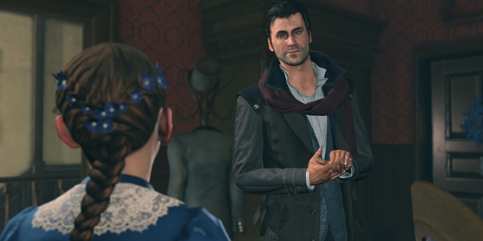 Sherlock talking to a child with a braided ponytail in The Devi's Daughter game.