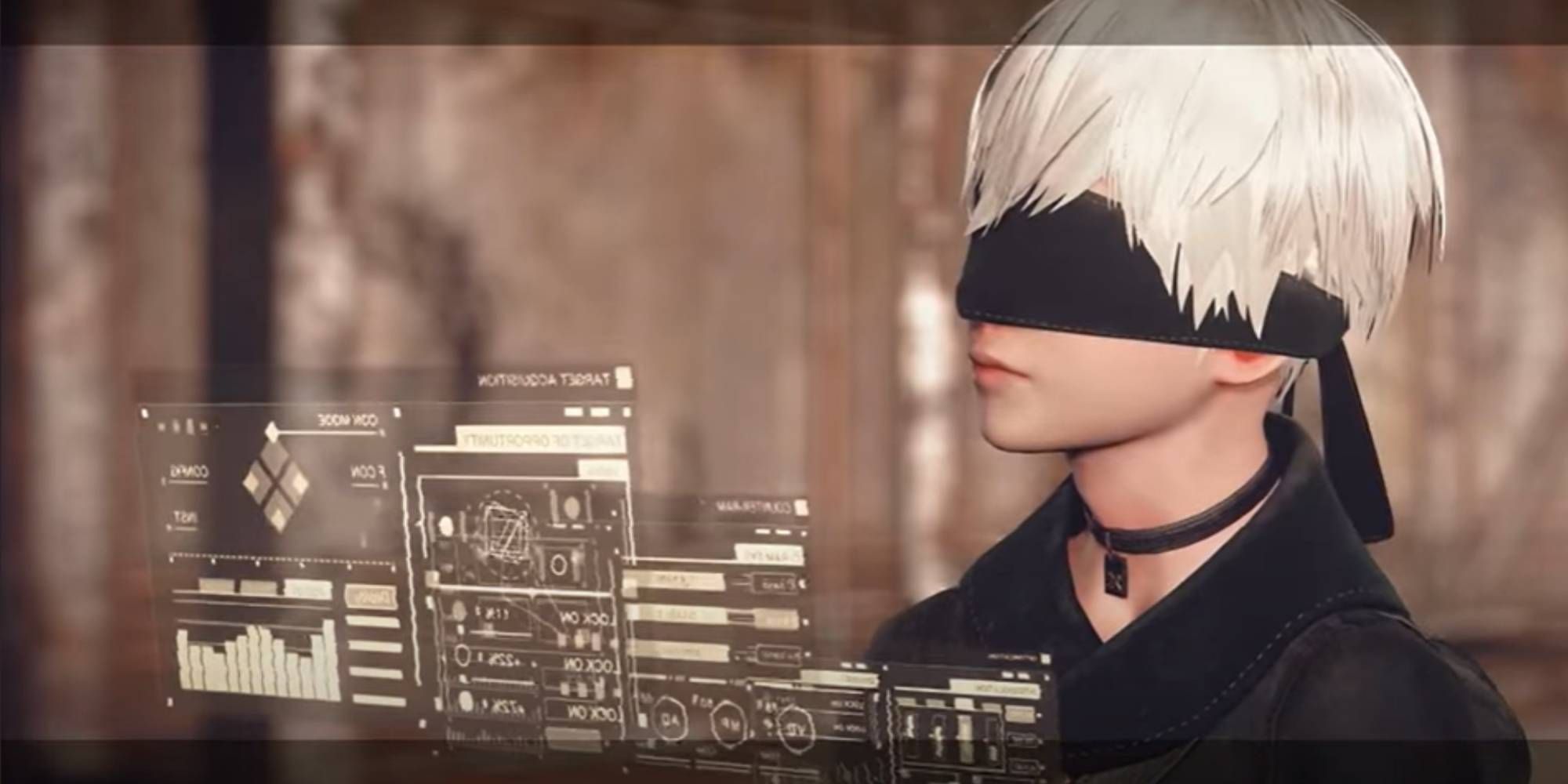 A close-up of a blindfolded 9S in Nier Automata.