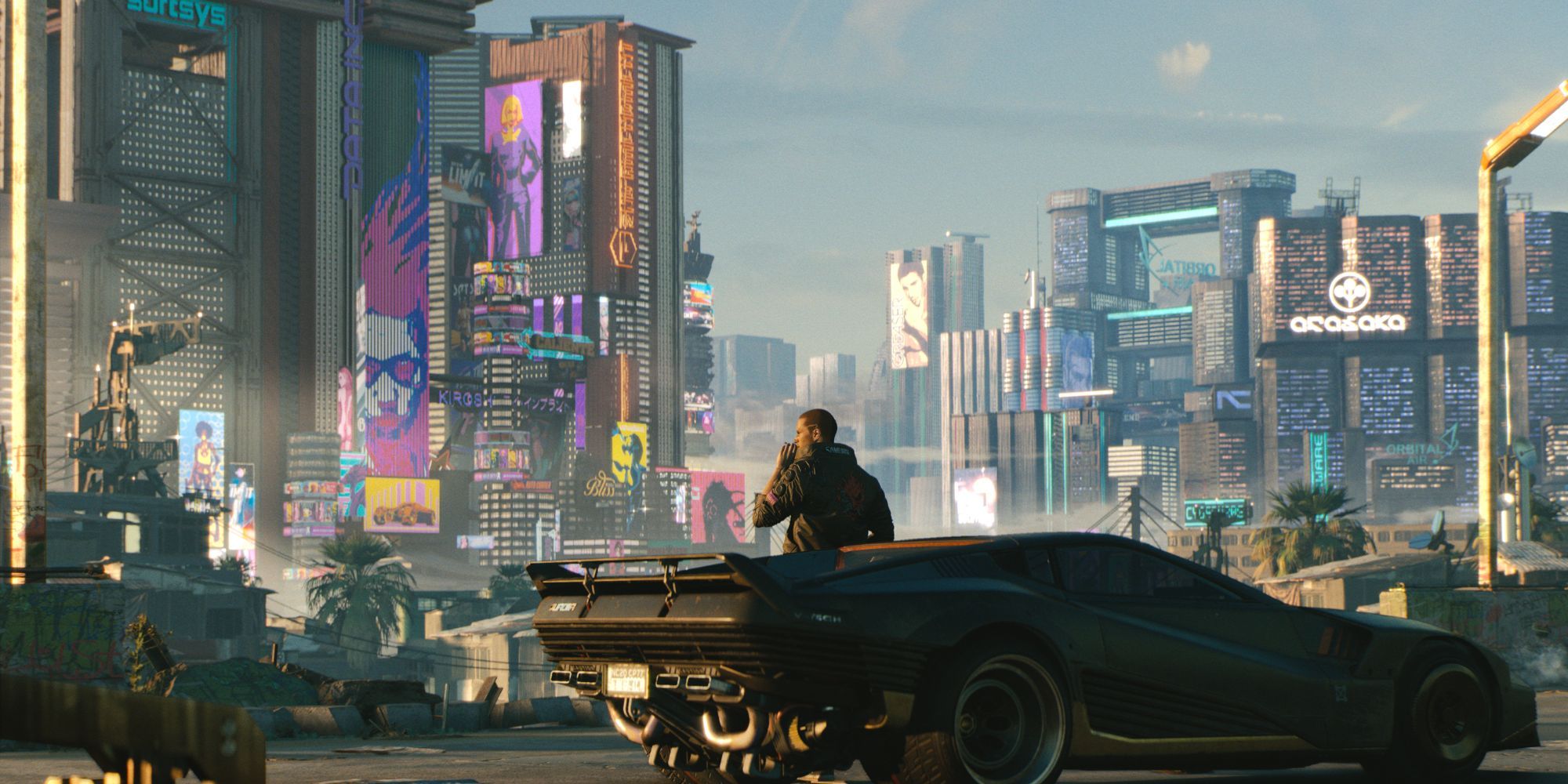 The player in foreground with vehicle parked, in front of a view of Night City's towering buildings.