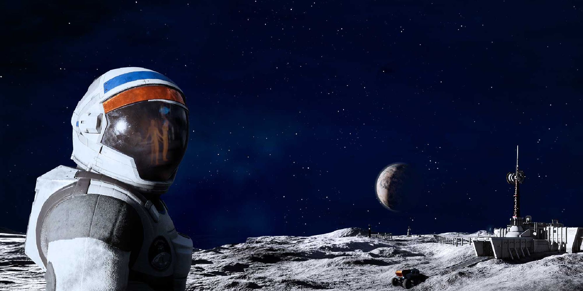 A screenshot of Deliver Us The Moon, showing the main character standing on the moon with ghostly silhouettes reflected in their spacesuit visor.