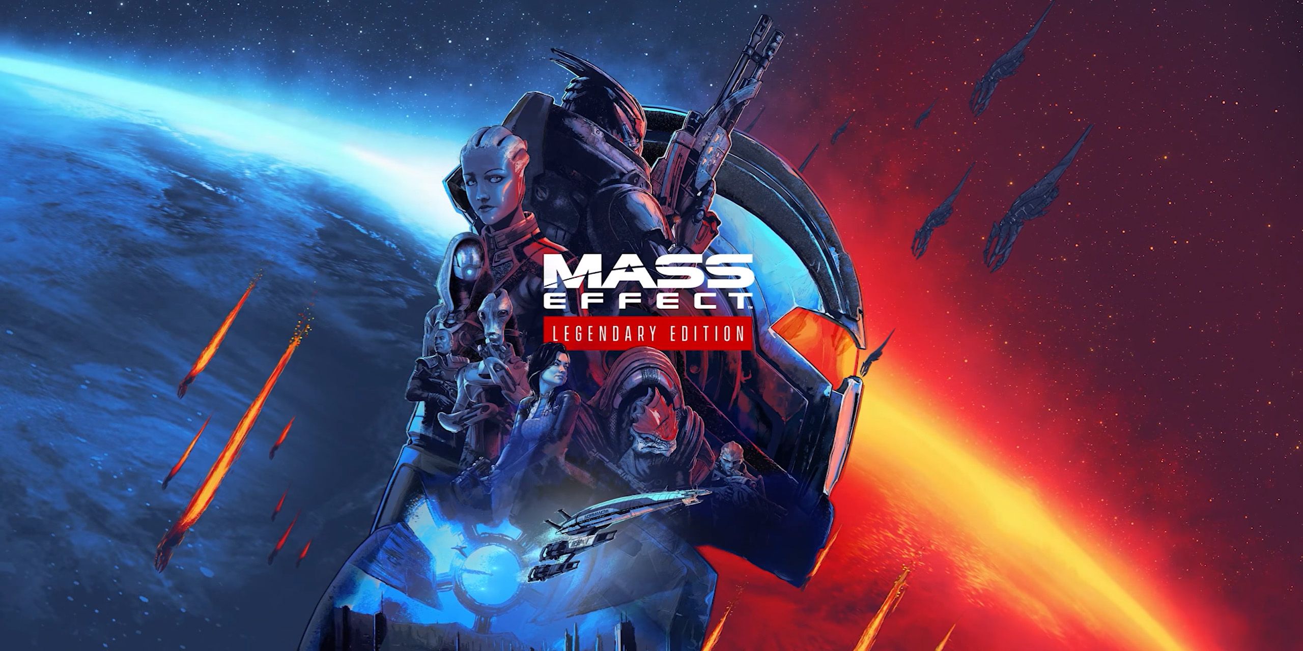 The cast of Mass Effect: Legendary Edition in front of a blue and a red planet.