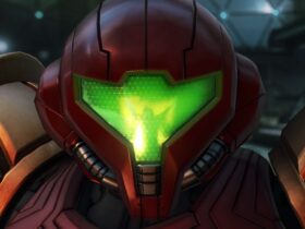 Metroid Prime 4: Beyond screenshot showing Samus' returning Power Armor in detail. A mysterious figure is reflected in her visor