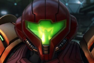 Metroid Prime 4: Beyond screenshot showing Samus' returning Power Armor in detail. A mysterious figure is reflected in her visor