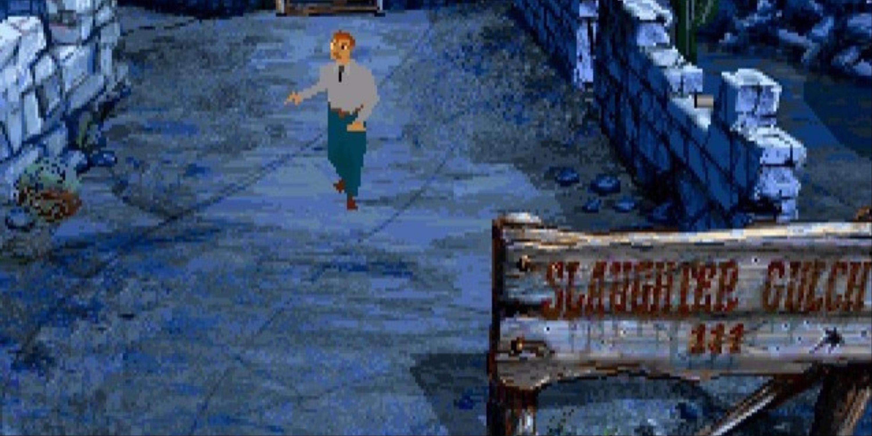 Edward Carnby wandering in the night next to the town sign reading the name 'Slaughter Gulch.'